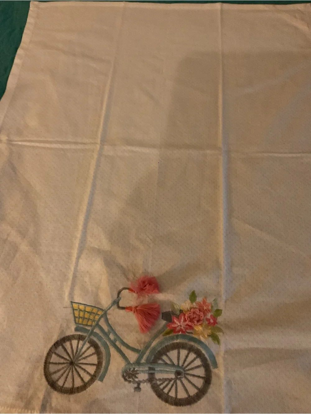 Embroidered Bicycle Cotton Kitchen Towel with Coral Tassels - White